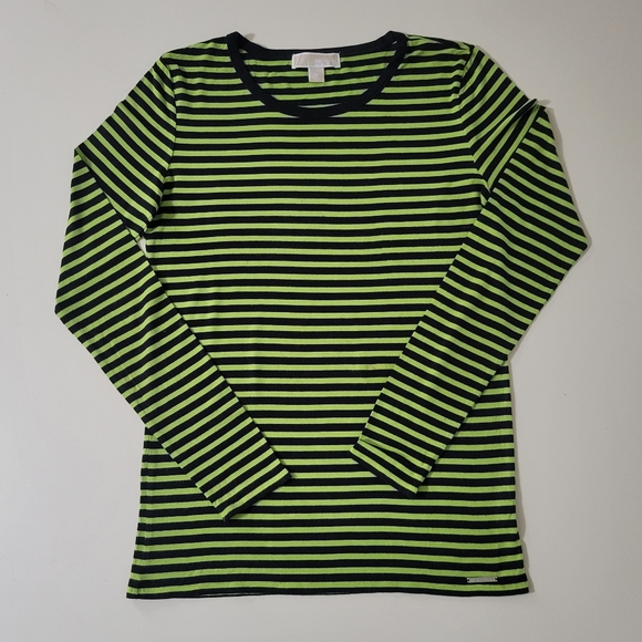 Michael Kors Women's Black Green Crew Striped Long Sleeve Shirt - Picture 1 of 13